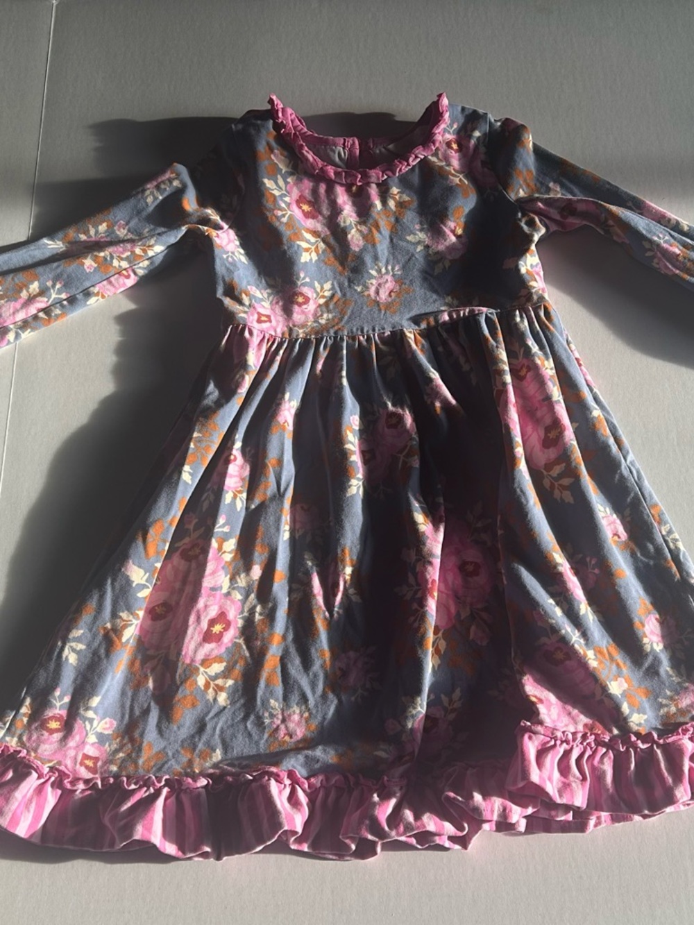 Matilda Jane Blue Dress with Pink Floral and Ruffle Trim